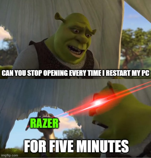 Shrek For Five Minutes | CAN YOU STOP OPENING EVERY TIME I RESTART MY PC; RAZER; FOR FIVE MINUTES | image tagged in shrek for five minutes | made w/ Imgflip meme maker