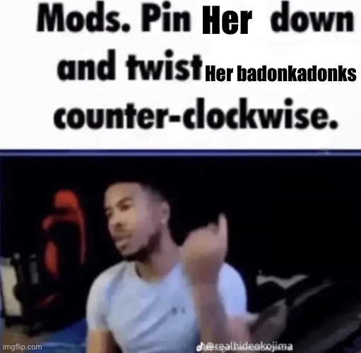 Mods. Pin him down and twist his nuts counter-clockwise. | Her Her badonkadonks | image tagged in mods pin him down and twist his nuts counter-clockwise | made w/ Imgflip meme maker