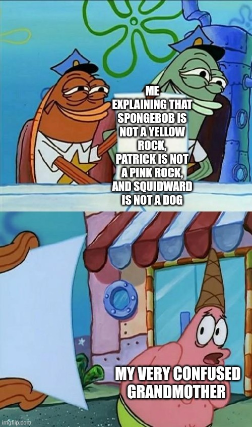 patrick scared | ME EXPLAINING THAT SPONGEBOB IS NOT A YELLOW ROCK, PATRICK IS NOT A PINK ROCK, AND SQUIDWARD IS NOT A DOG; MY VERY CONFUSED GRANDMOTHER | image tagged in patrick scared,pink rock,yellow rock,blue dog,grandma | made w/ Imgflip meme maker