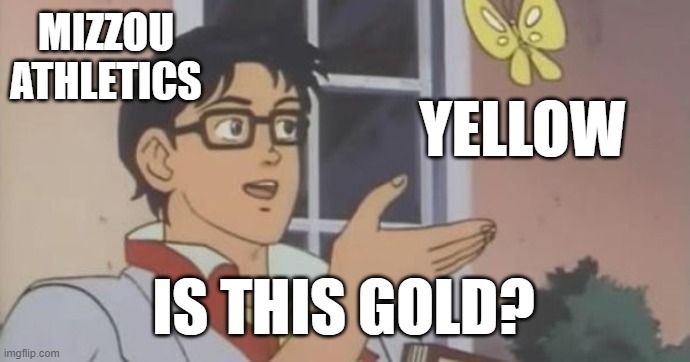 Is This a Pigeon | MIZZOU ATHLETICS; YELLOW; IS THIS GOLD? | image tagged in is this a pigeon | made w/ Imgflip meme maker