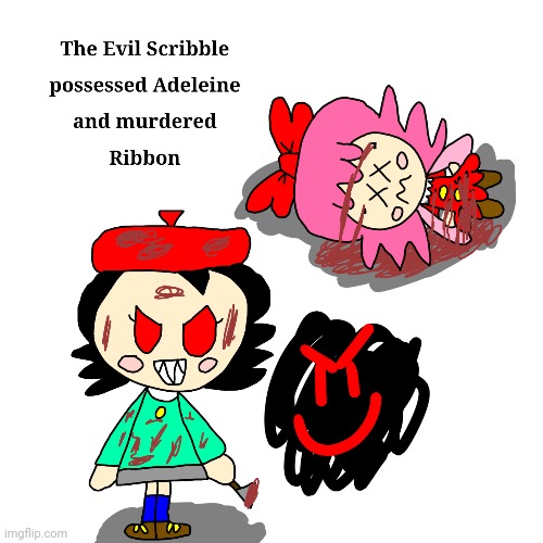 The Evil Scribble possessed Adeleine and murdered Ribbon | image tagged in kirby,parody,gore,artwork,fanart,funny | made w/ Imgflip meme maker