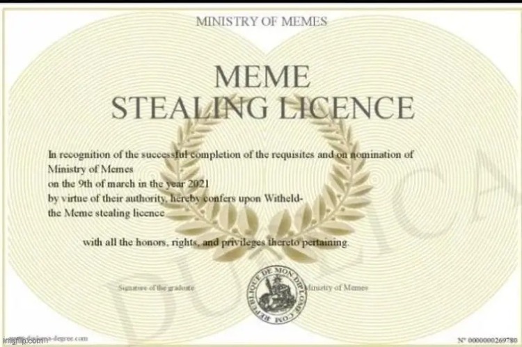 meme stealing license | image tagged in meme stealing license | made w/ Imgflip meme maker