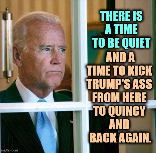 Dark Brandon reflects. | THERE IS A TIME TO BE QUIET; AND A TIME TO KICK 
TRUMP'S ASS 
FROM HERE 
TO QUINCY 
AND 
BACK AGAIN. | image tagged in sad joe biden,brandon,kick,trump,ass,hard | made w/ Imgflip meme maker