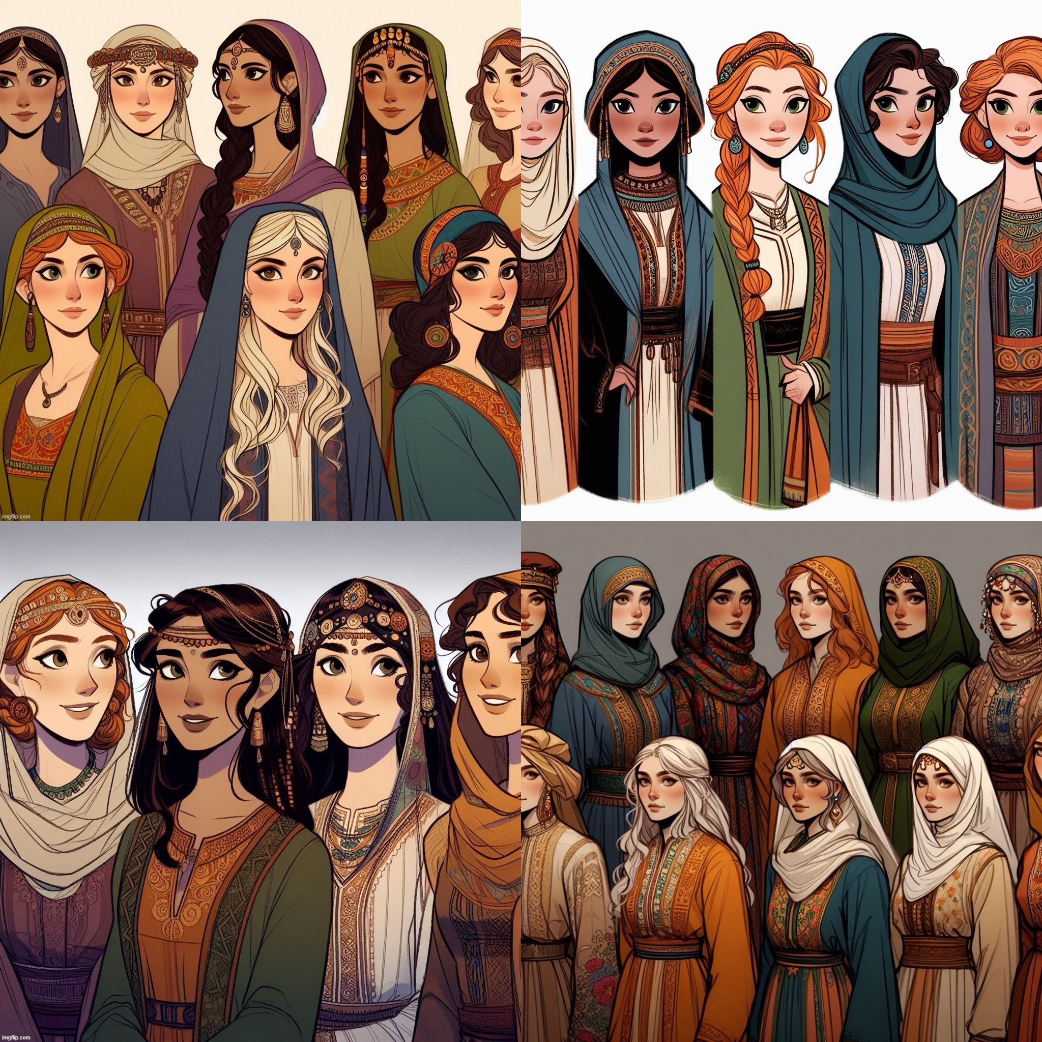 Ai Bing (Women's Day): Canaanite, Arab, Hebrew, Persian, Afghan, and Celt fusion in the style of Cartoon Saloon & Persepolis. | image tagged in ai generated,arabic,jewish,persian,celtics,international women's day | made w/ Imgflip meme maker
