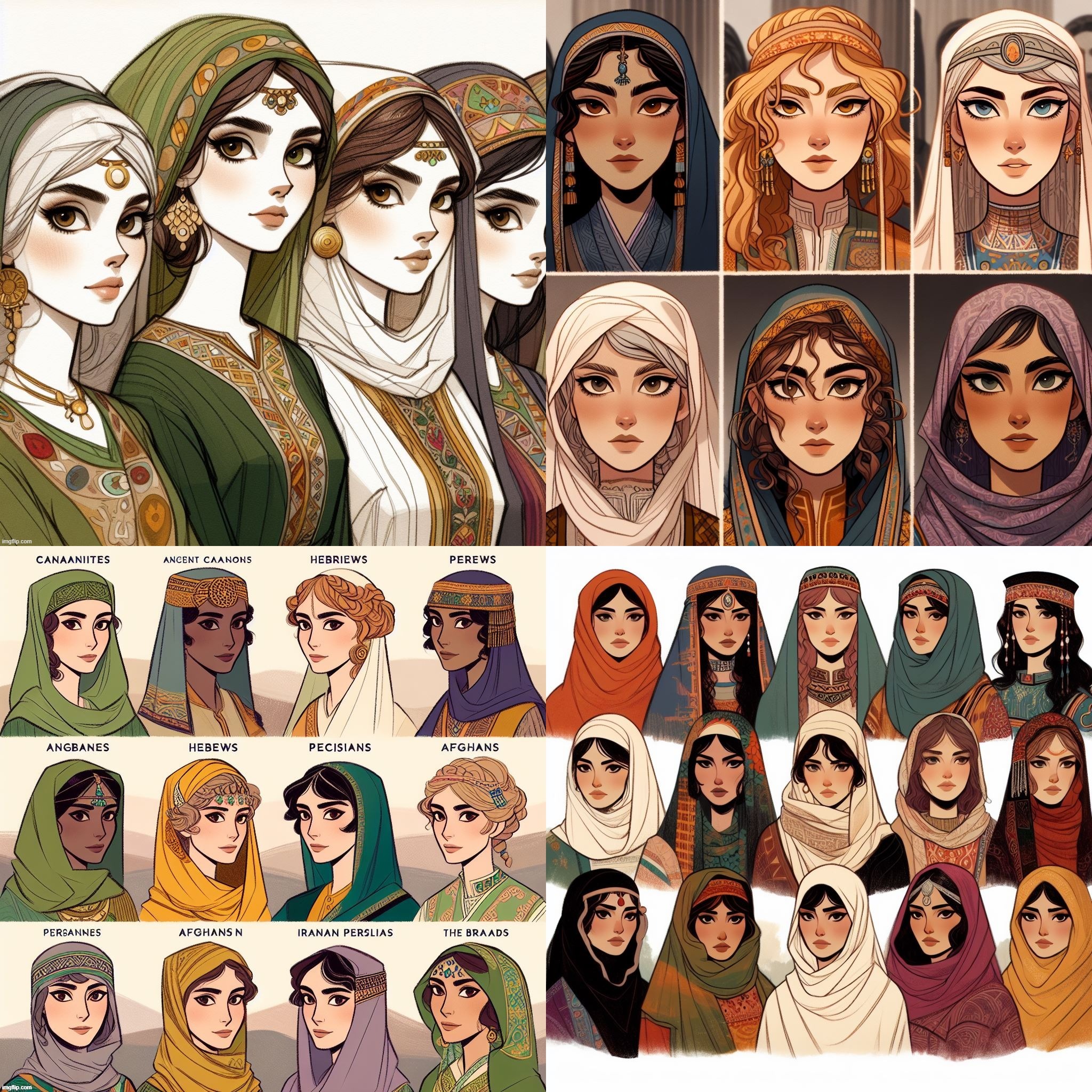 Ai Bing: Canaanite, Arab, Celtic, Hebrew, Persian mix. More realistic Cartoon Saloon & Persepolis style. (Women's/Celtic month) | image tagged in ai generated,jewish,arabic,celtics,international women's day,persian | made w/ Imgflip meme maker