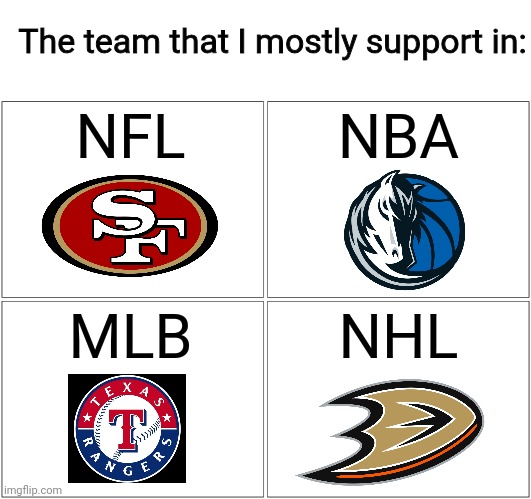 The teams that i mostly root for in every big four sports leagues | The team that I mostly support in:; NFL; NBA; MLB; NHL | image tagged in memes,blank comic panel 2x2,nba,nhl,mlb,nfl | made w/ Imgflip meme maker