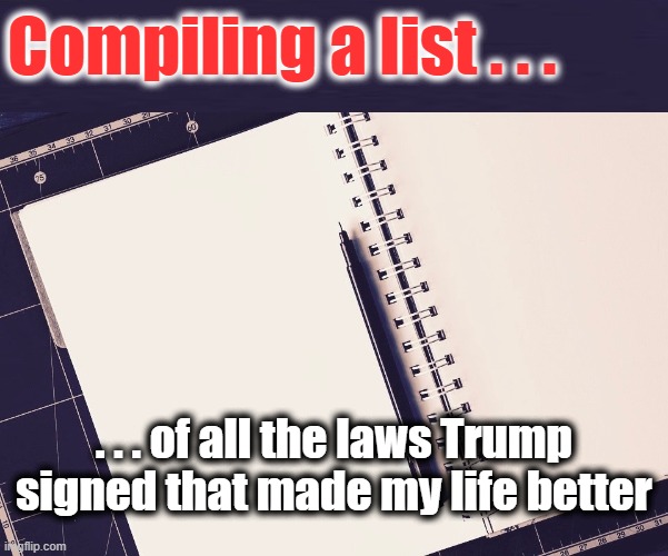 Trump did that | Compiling a list . . . . . . of all the laws Trump signed that made my life better | image tagged in trump,donald trump,better off | made w/ Imgflip meme maker