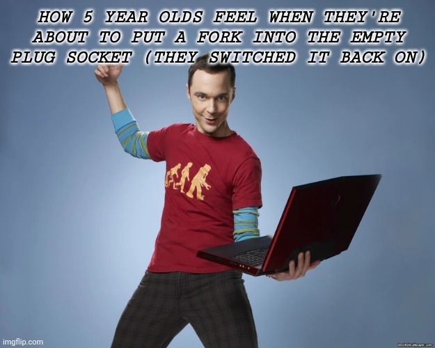This is for science people | HOW 5 YEAR OLDS FEEL WHEN THEY'RE ABOUT TO PUT A FORK INTO THE EMPTY PLUG SOCKET (THEY SWITCHED IT BACK ON) | image tagged in sheldon cooper laptop,science,dark humor,why are you reading the tags | made w/ Imgflip meme maker