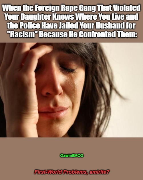 First-World Problems, amirite? | When the Foreign Rape Gang That Violated 

Your Daughter Knows Where You Live and 

the Police Have Jailed Your Husband for 

"Racism" Because He Confronted Them:; OzwinEVCG; First-World Problems, amirite? | image tagged in first world problems,immigration,white privilege,refugees,white supremacy,war on the west | made w/ Imgflip meme maker