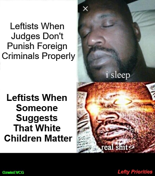 Lefty Priorities [NV] | Leftists When 

Judges Don't 

Punish Foreign 

Criminals Properly; Leftists When 

Someone 

Suggests 

That White 

Children Matter; Lefty Priorities; OzwinEVCG | image tagged in sleeping shaq,crime and punishment,liberal logic,double standards,world occupied,all lives matter | made w/ Imgflip meme maker