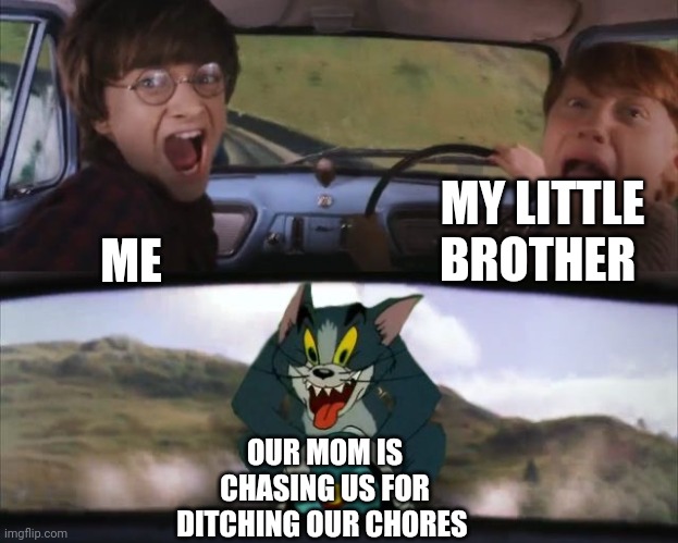 Tom chasing Harry and Ron Weasly | MY LITTLE BROTHER; ME; OUR MOM IS CHASING US FOR DITCHING OUR CHORES | image tagged in tom chasing harry and ron weasly | made w/ Imgflip meme maker