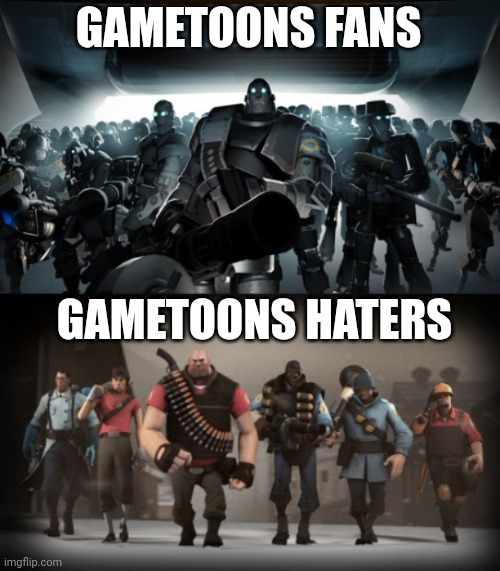 Mann vs Machine | GAMETOONS FANS GAMETOONS HATERS | image tagged in mann vs machine | made w/ Imgflip meme maker