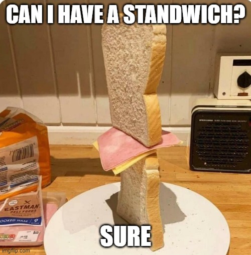 HOW | CAN I HAVE A STANDWICH? SURE | image tagged in standwich,food memes,memes | made w/ Imgflip meme maker