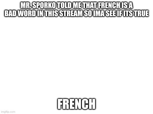 French kjerfdhbngfjtehjrhgbfojgtebvojnndfjnjtkmjuynhfbgdvbyukjyhrbtgevfgtnyjuyhrtgergthyjyhtgvrfdgthbgfvdcfvgthgbfvdcfgthyjhtgfd | MR. SPORKO TOLD ME THAT FRENCH IS A BAD WORD IN THIS STREAM SO IMA SEE IF ITS TRUE; FRENCH | image tagged in french | made w/ Imgflip meme maker