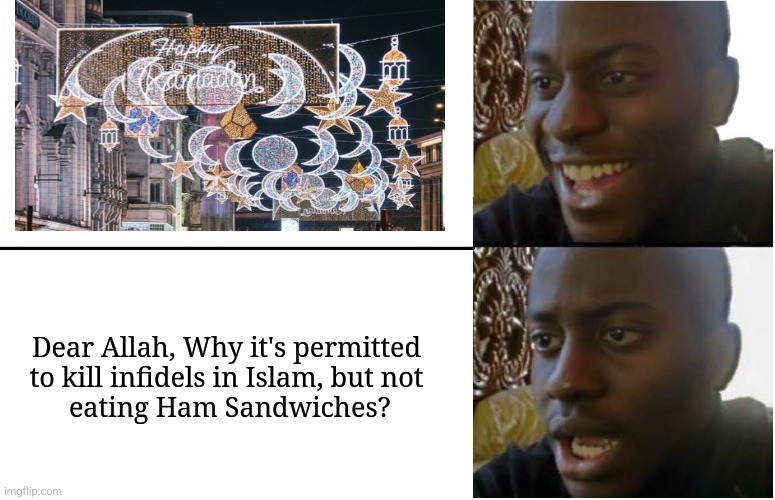 Ramadan Mubarak! | Dear Allah, Why it's permitted 
to kill infidels in Islam, but not 
eating Ham Sandwiches? | image tagged in disappointed black guy | made w/ Imgflip meme maker