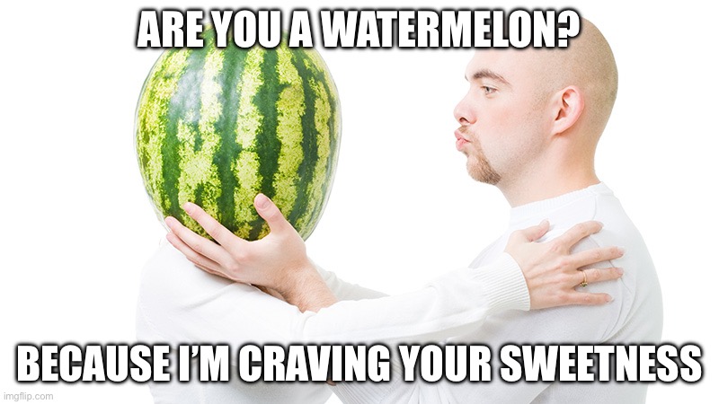 Pickup lines: Are you a watermelon? | ARE YOU A WATERMELON? BECAUSE I’M CRAVING YOUR SWEETNESS | image tagged in watermelon love,watermelon,pick up lines,pickup lines,love,romance | made w/ Imgflip meme maker