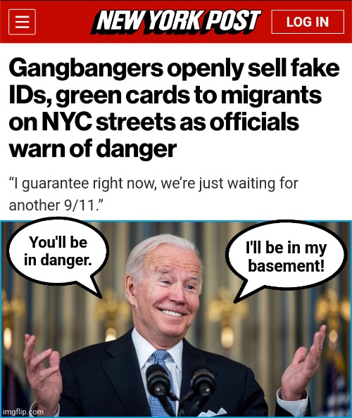 You'll be
in danger. I'll be in my
basement! | image tagged in memes,joe biden,migrants,fake identification,democrats,crime | made w/ Imgflip meme maker