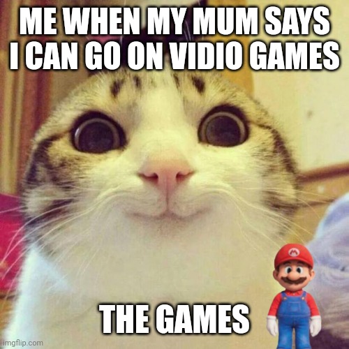 Smiling Cat Meme | ME WHEN MY MUM SAYS I CAN GO ON VIDIO GAMES; THE GAMES | image tagged in memes,smiling cat | made w/ Imgflip meme maker