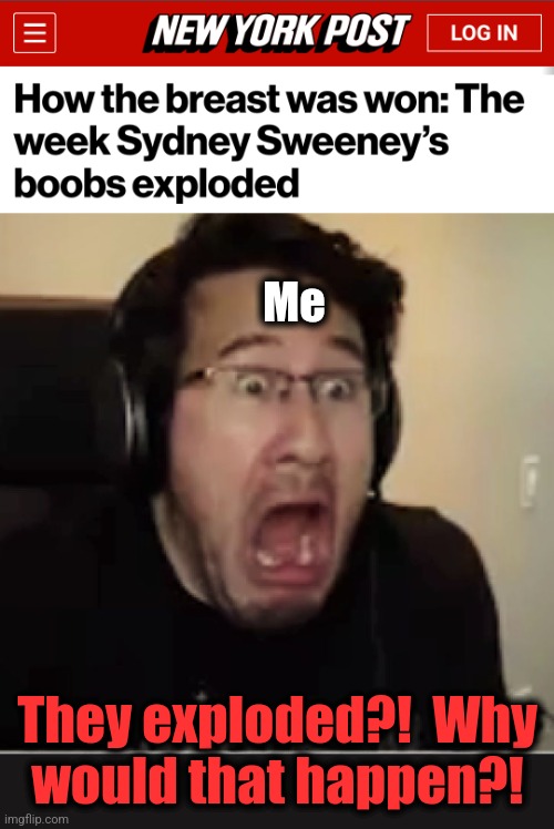 The first SFW meme on this stream!  ;) | Me; They exploded?!  Why
would that happen?! | image tagged in horrified markiplier,sydney sweeney,boobs,memes,exploded | made w/ Imgflip meme maker