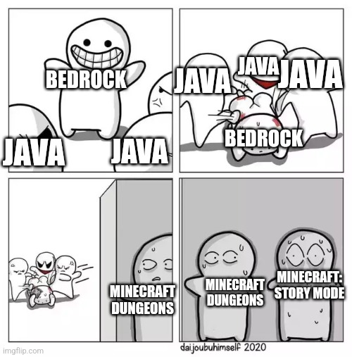 Nahh | JAVA; JAVA; JAVA; BEDROCK; BEDROCK; JAVA; JAVA; MINECRAFT DUNGEONS; MINECRAFT: STORY MODE; MINECRAFT DUNGEONS | image tagged in guy getting beat up other hiding | made w/ Imgflip meme maker