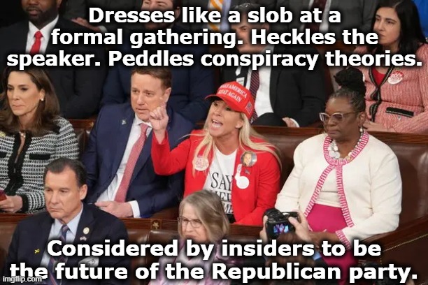 MTG:  Future of GOP | Dresses like a slob at a formal gathering. Heckles the speaker. Peddles conspiracy theories. Considered by insiders to be the future of the Republican party. | image tagged in maga,it's a conspiracy,basket of deplorables,nevertrump,right wing,congress | made w/ Imgflip meme maker