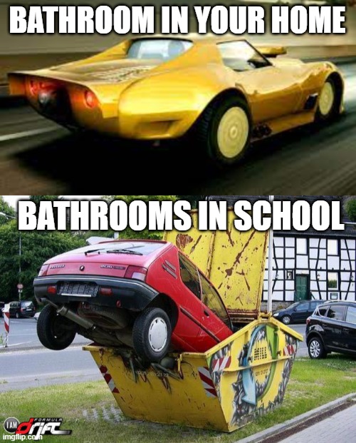 BATHROOM IN YOUR HOME BATHROOMS IN SCHOOL | image tagged in da bois car,funny car crash | made w/ Imgflip meme maker