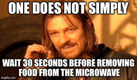 One Does Not Simply | ONE DOES NOT SIMPLY WAIT 30 SECONDS BEFORE REMOVING FOOD FROM THE MICROWAVE | image tagged in memes,one does not simply | made w/ Imgflip meme maker