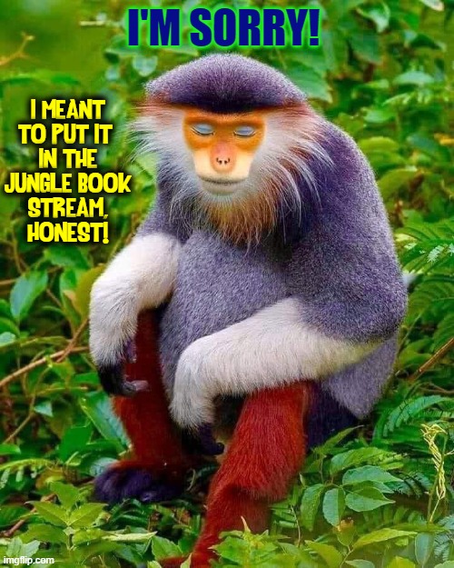 I'M SORRY! I MEANT
TO PUT IT 
IN THE
JUNGLE BOOK
STREAM,
HONEST! | made w/ Imgflip meme maker