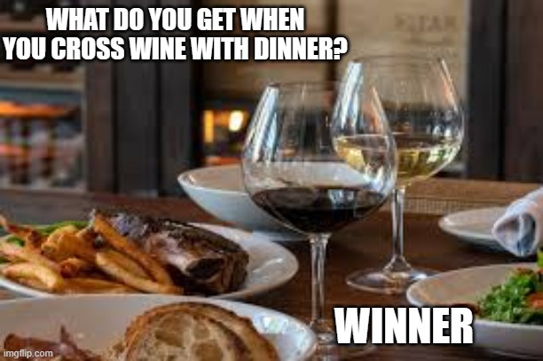 memes by Brad dinner with wine humor | WHAT DO YOU GET WHEN YOU CROSS WINE WITH DINNER? WINNER | image tagged in fun,funny,dinner,wine,humor,funny meme | made w/ Imgflip meme maker