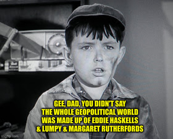 The Beav | GEE, DAD, YOU DIDN'T SAY THE WHOLE GEOPOLITICAL WORLD WAS MADE UP OF EDDIE HASKELLS & LUMPY & MARGARET RUTHERFORDS | image tagged in beaver cleaver,politics,political meme,funny memes,memes | made w/ Imgflip meme maker