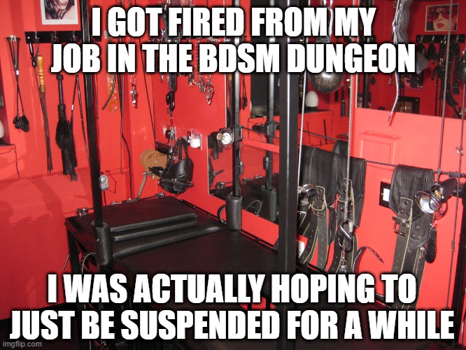 BDSM | I GOT FIRED FROM MY JOB IN THE BDSM DUNGEON; I WAS ACTUALLY HOPING TO JUST BE SUSPENDED FOR A WHILE | image tagged in dungeon a | made w/ Imgflip meme maker