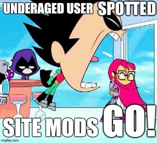OH SITE MODS! | UNDERAGED USER; SITE MODS | image tagged in no tags | made w/ Imgflip meme maker
