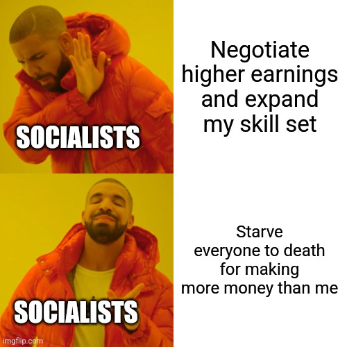 Well when you put it that way | Negotiate higher earnings and expand my skill set; SOCIALISTS; Starve everyone to death for making more money than me; SOCIALISTS | image tagged in memes,drake hotline bling,socialism,democratic socialism,democrats,republicans | made w/ Imgflip meme maker