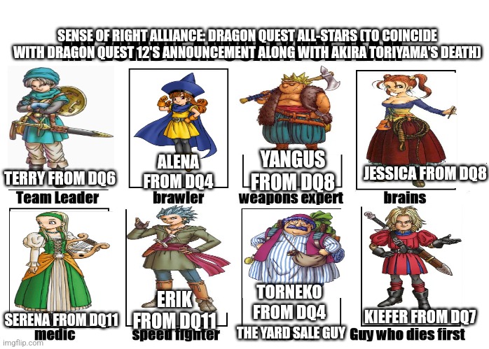 My Sense of Right Alliance Team but it's Dragon Quest-themed (R.I.P. Akira Toriyama) | SENSE OF RIGHT ALLIANCE: DRAGON QUEST ALL-STARS (TO COINCIDE WITH DRAGON QUEST 12'S ANNOUNCEMENT ALONG WITH AKIRA TORIYAMA'S DEATH); YANGUS FROM DQ8; ALENA FROM DQ4; JESSICA FROM DQ8; TERRY FROM DQ6; TORNEKO FROM DQ4; ERIK FROM DQ11; KIEFER FROM DQ7; SERENA FROM DQ11; THE YARD SALE GUY | image tagged in my zombie apocalypse team,dragon quest | made w/ Imgflip meme maker