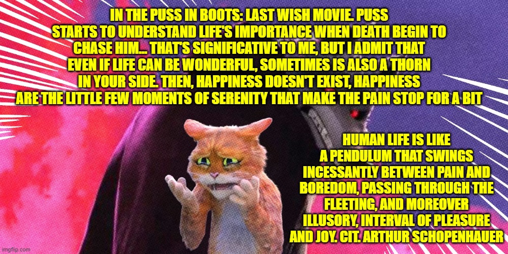 (Lamp_Shade note: okie dokie that was preety deep bro) | IN THE PUSS IN BOOTS: LAST WISH MOVIE. PUSS STARTS TO UNDERSTAND LIFE'S IMPORTANCE WHEN DEATH BEGIN TO CHASE HIM... THAT'S SIGNIFICATIVE TO ME, BUT I ADMIT THAT EVEN IF LIFE CAN BE WONDERFUL, SOMETIMES IS ALSO A THORN IN YOUR SIDE. THEN, HAPPINESS DOESN'T EXIST, HAPPINESS ARE THE LITTLE FEW MOMENTS OF SERENITY THAT MAKE THE PAIN STOP FOR A BIT; HUMAN LIFE IS LIKE A PENDULUM THAT SWINGS INCESSANTLY BETWEEN PAIN AND BOREDOM, PASSING THROUGH THE FLEETING, AND MOREOVER ILLUSORY, INTERVAL OF PLEASURE AND JOY. CIT. ARTHUR SCHOPENHAUER | made w/ Imgflip meme maker
