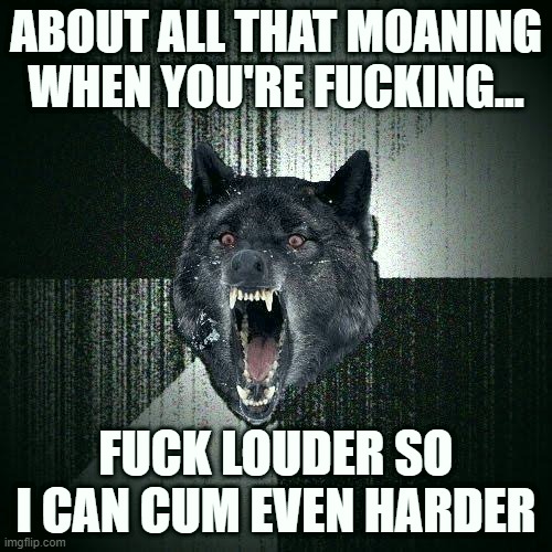 Insanity Wolf Meme | ABOUT ALL THAT MOANING WHEN YOU'RE FUCKING... FUCK LOUDER SO I CAN CUM EVEN HARDER | image tagged in memes,insanity wolf | made w/ Imgflip meme maker