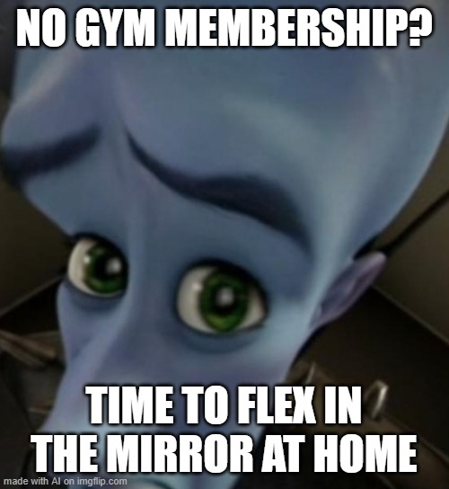 No gym membership? | NO GYM MEMBERSHIP? TIME TO FLEX IN THE MIRROR AT HOME | image tagged in megamind no bitches | made w/ Imgflip meme maker