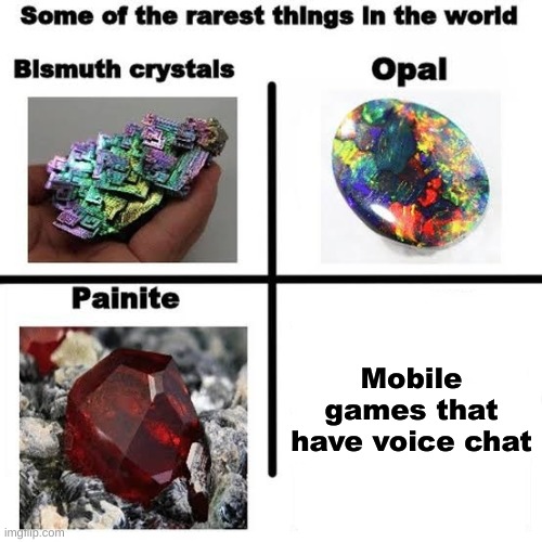 I don't care if you upvute, but please tell me if there are any mobile games with voice chat | Mobile games that have voice chat | image tagged in some of the rarest things in the world,mobile games,microphone | made w/ Imgflip meme maker