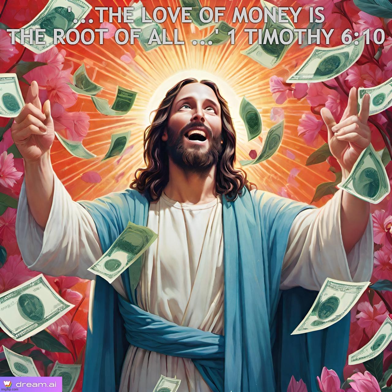 '... The Love of Money is the Root of All ...' 1 Timothy 6:10 | '...THE LOVE OF MONEY IS THE ROOT OF ALL ...' 1 TIMOTHY 6:10 | image tagged in jesus,christ,money,mint,love,ecstatic | made w/ Imgflip meme maker