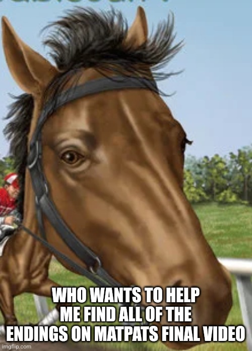 Big horse | WHO WANTS TO HELP ME FIND ALL OF THE ENDINGS ON MATPATS FINAL VIDEO | image tagged in big horse | made w/ Imgflip meme maker