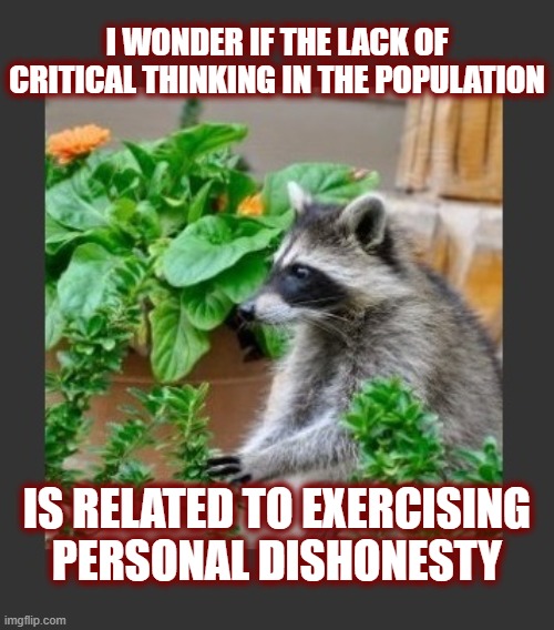 Is it easier for honest people to see through lies? | I WONDER IF THE LACK OF CRITICAL THINKING IN THE POPULATION; IS RELATED TO EXERCISING PERSONAL DISHONESTY | image tagged in critical thinking,modern warfare,dark to light,the great awakening,i'm bored | made w/ Imgflip meme maker