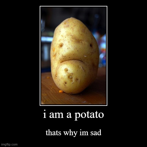 please upvote this potato | i am a potato | thats why im sad | image tagged in funny,demotivationals | made w/ Imgflip demotivational maker