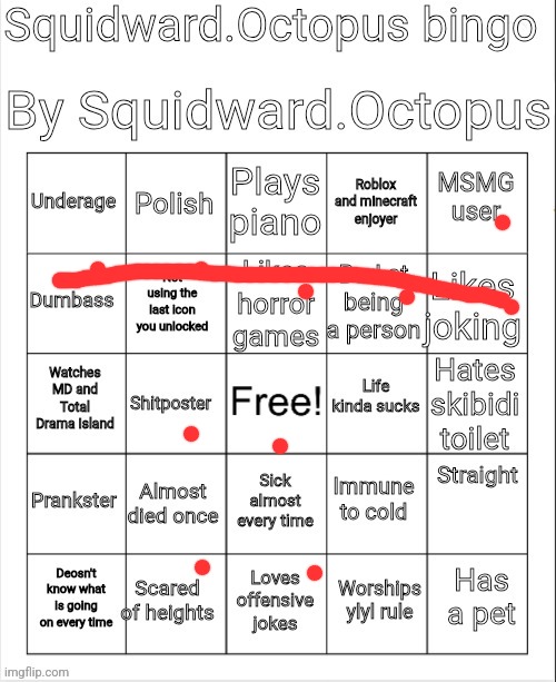 @Squidward.Octopus you're 8 years old bro, what's so bad about yo life | image tagged in squidward octopus bingo | made w/ Imgflip meme maker
