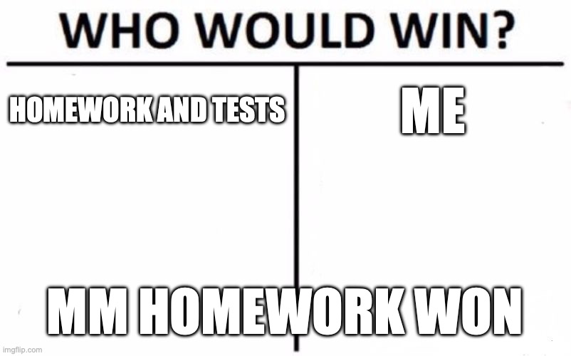 mmm | HOMEWORK AND TESTS; ME; MM HOMEWORK WON | image tagged in memes,who would win | made w/ Imgflip meme maker