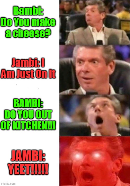 out of my kitchen right? | Bambi: Do You make a cheese? Jambi: I Am Just On It; BAMBI: DO YOU OUT OF KITCHEN!!! JAMBI: YEET!!!!! | image tagged in mr mcmahon reaction | made w/ Imgflip meme maker