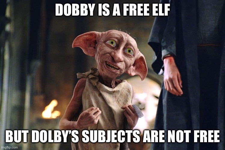 Dobby is free | DOBBY IS A FREE ELF BUT DOLBY’S SUBJECTS ARE NOT FREE | image tagged in dobby is free | made w/ Imgflip meme maker