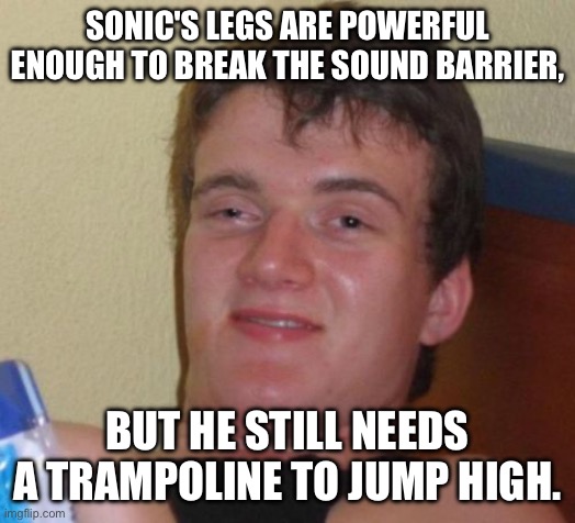 10 Guy Meme | SONIC'S LEGS ARE POWERFUL ENOUGH TO BREAK THE SOUND BARRIER, BUT HE STILL NEEDS A TRAMPOLINE TO JUMP HIGH. | image tagged in memes,10 guy | made w/ Imgflip meme maker