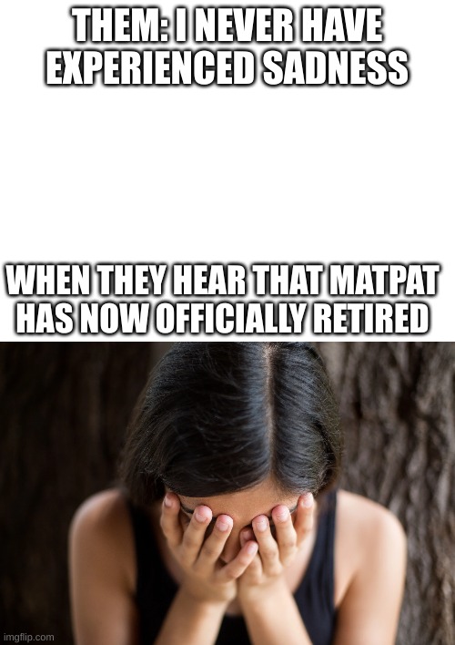 so sad:( | THEM: I NEVER HAVE EXPERIENCED SADNESS; WHEN THEY HEAR THAT MATPAT HAS NOW OFFICIALLY RETIRED | image tagged in matpat | made w/ Imgflip meme maker