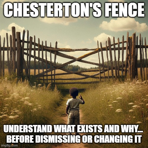Chesterton's Fence | CHESTERTON'S FENCE; UNDERSTAND WHAT EXISTS AND WHY... 
BEFORE DISMISSING OR CHANGING IT | image tagged in logic,ignorance,arrogance,policy,change,innovation | made w/ Imgflip meme maker