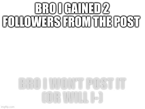 BRO I GAINED 2 FOLLOWERS FROM THE POST; BRO I WON’T POST IT
(OR WILL I-) | made w/ Imgflip meme maker